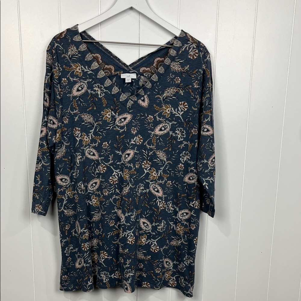 J. Jill Pullover Vneck Tunic XL Blue Pink Paisley Print 3/4 Sleeves Side Slits